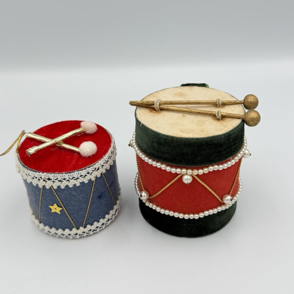 VTG Felt Drum Christmas Ornaments Set Red Green Blue Kitsch Tree Decor‎ Holiday